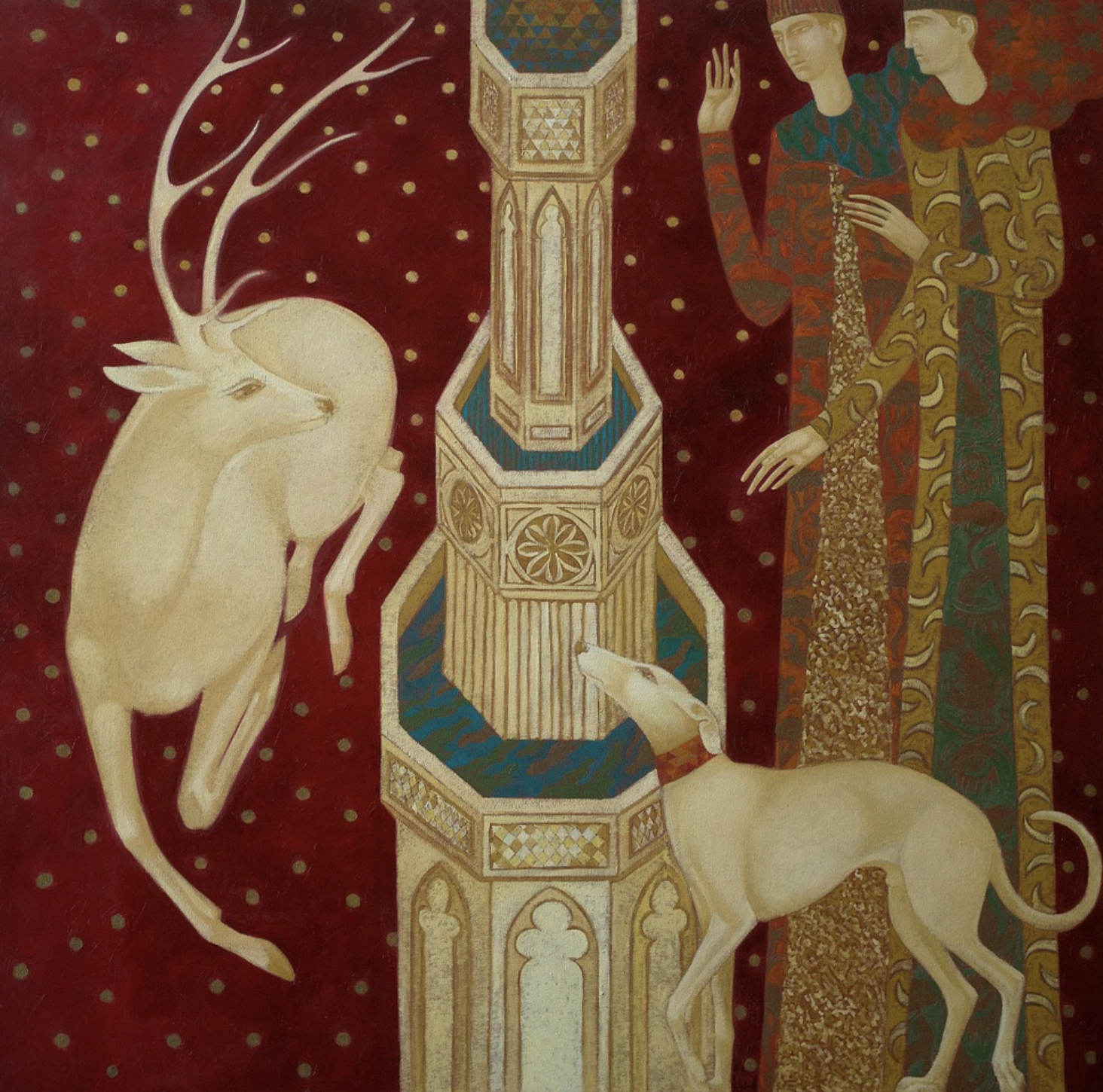 White Deer. Fountain, 130 X 130 cm, Oil on Canvas, 2026