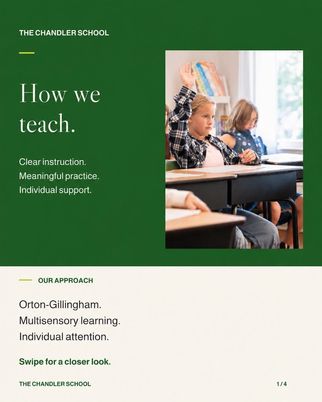 Learning a new skill takes practice. Sometimes it takes a different approach, too.

All of our faculty are trained in Orton-Gillingham. We teach reading and language skills in a structured sequence, using sight, sound, and hands-on practice.

Small c