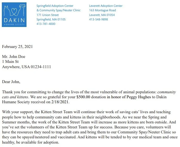 Dakin Humane Society - Thank You Letter