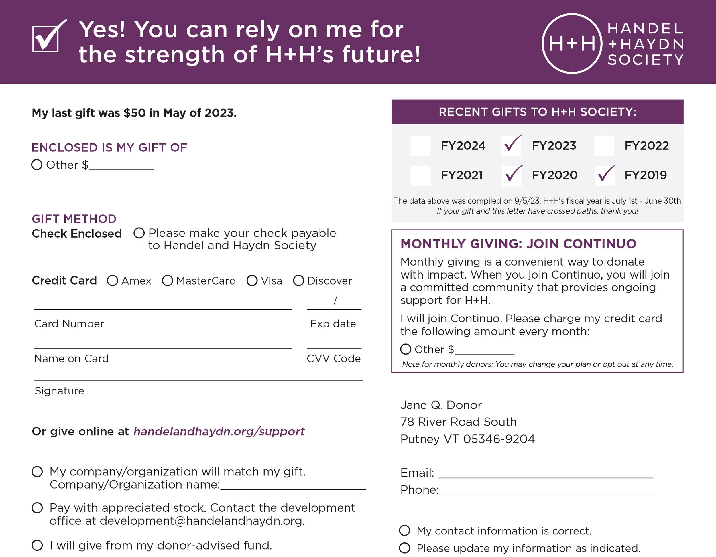 Handel &amp; Haydn Society - Nonprofit Appeal Reply Card