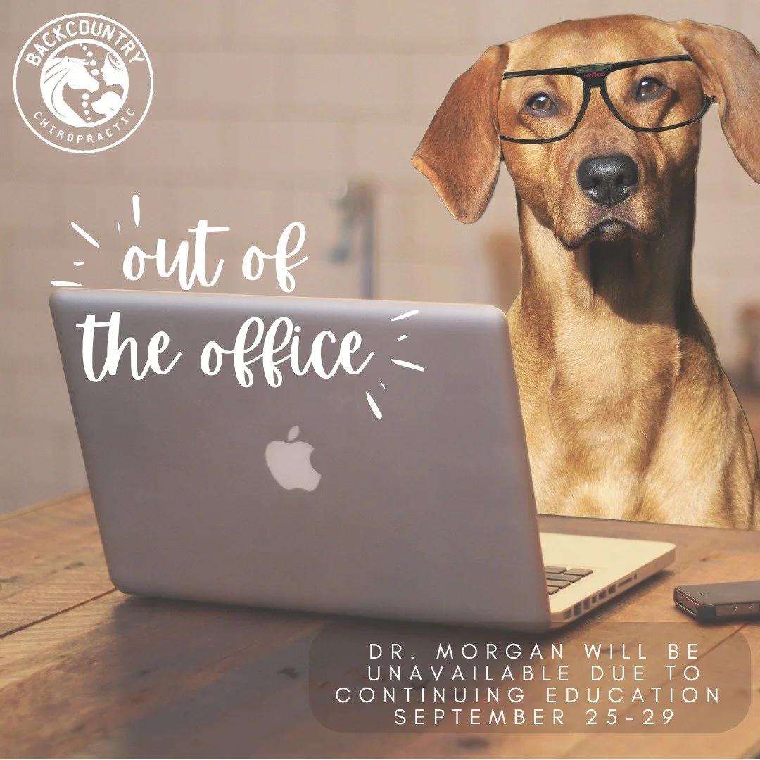 Dr. Morgan will be unavailable on September 25-29 due to continuing education. All calls, texts, and emails will be returned on Tuesday, September 30

#backcountrychironc #backcountryanimalchiropractic #keeplearningandgrowing #alwaysastudent #chiropr