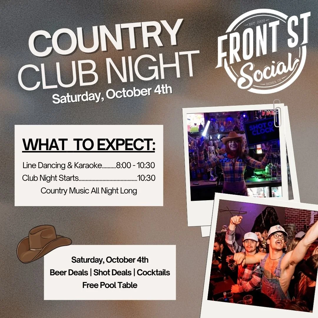 Giddy up &mdash; it&rsquo;s Country Club Night at Front St! 🤠🎶

Join us for a wild night of line dancing, karaoke with @djrob92 (8&ndash;10:30), and country club vibes that roll late into the night 🌙 Club starts at 10:30 and we&rsquo;re going all 