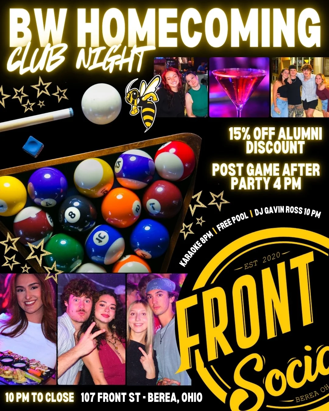 ๐ BW HOMECOMING CLUB NIGHT ๐
The post-game party starts at 4 PM and we’re keeping the energy up all night long!
๐ค Karaoke: 8–11PM with @djrob92 
๐ง DJ Gavin Ross: 10PM–Close @gaavinross 
๐ฑ Free pool • ๐ฅ 15% OFF alumni tab