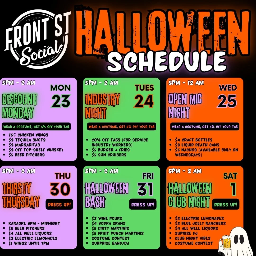 ๐ HALLOWEEN WEEK AT FRONT ST SOCIAL ๐ป
Why deal with downtown prices and Uber chaos?? ๐ค๐ Keep it local and come party right here in Berea. We’ve got cheap drinks, killer specials, and all the energy you’re looking for. Get ready for 6