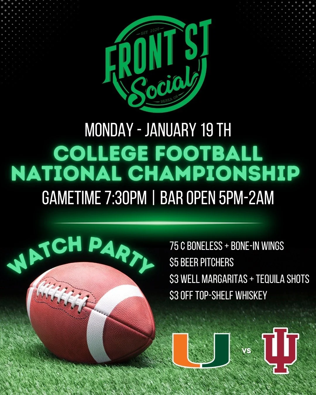 Mondays don&rsquo;t have to be boring 😈🍻

🏈 National Championship Game on ALL TVs
Kickoff at 7:30PM &mdash; come watch it with @avrideb  behind the bar!

🍗 Wing Night Deals
&bull; 75&cent; wings
&bull; $3 well margaritas &amp; well tequila
&bull;