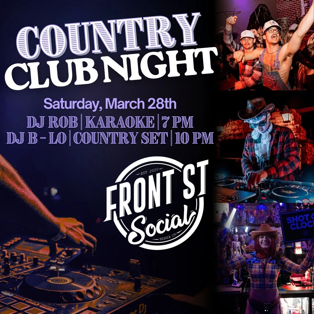 It's COUNTRY NIGHT in berea... grab your boots and meet us on Front St! 🤠

🎤 @djrob92 | Karaoke 7 PM
🤠 @logan_belloma | Country CLUB Night 10PM

Start with the mic, stay for the country vibes.
Grab your crew, grab a drink, and let&rsquo;s make it 