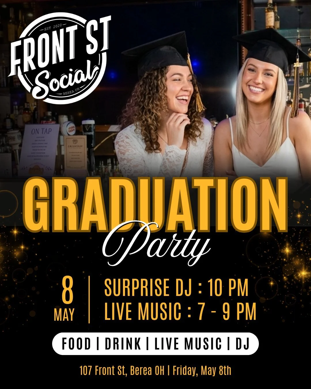 GRADUATION PARTY AT FRONT ST. 🎓✨
We know a lot of you are heading to the Zach Bryan concert after commencement on Saturday&hellip; so we&rsquo;re celebrating you the night before 😌

Friday, May 8TH!

🎶 Live music | 7 &ndash; 9 PM | @jaysparrow44 
