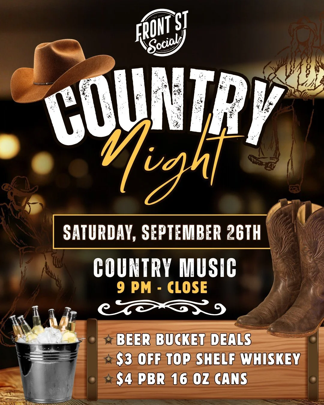 🤠 Calling all (real or wannabe) cowgirls and cowboys...IT'S BACK!!!! Country Night is coming back to Front St! 🤠🍻

Join us Saturday, September 26th for a night of country music, cold beer, whiskey, and dancing. We&rsquo;re kicking things off with 