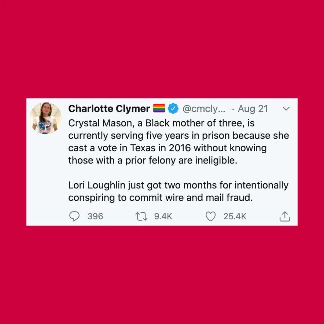 There are two criminal-legal systems in this country: one for white folks, one for BIPOC.

Let&rsquo;s make sure #CrystalMason&rsquo;s story doesn&rsquo;t get lost.

Head to our bio link to sign the petition demanding Crystal&rsquo;s immediate pardon