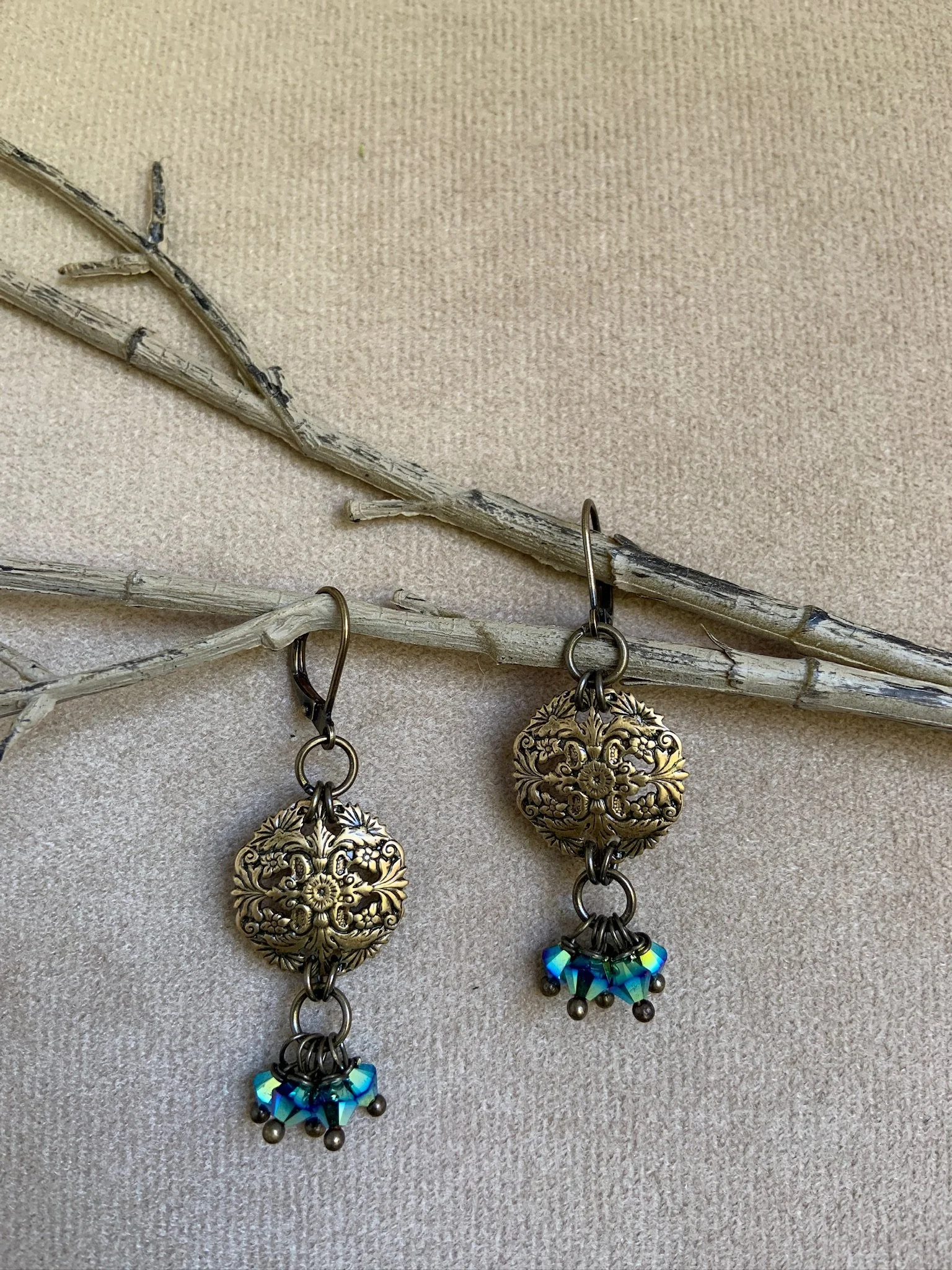 Blue Swarovski Crystal and Brass Earring