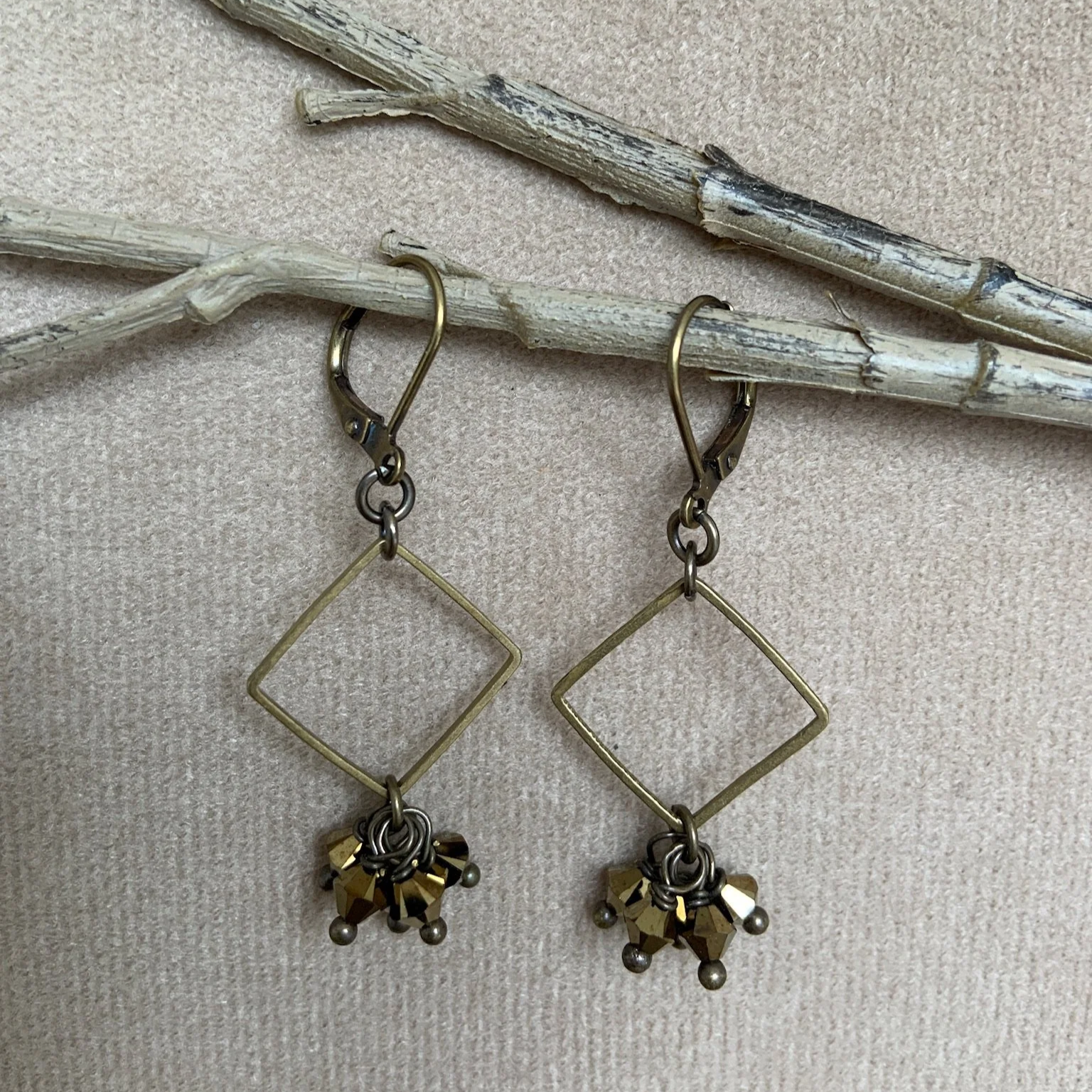 Bronze Swarovski Crystal and Brass Earrings