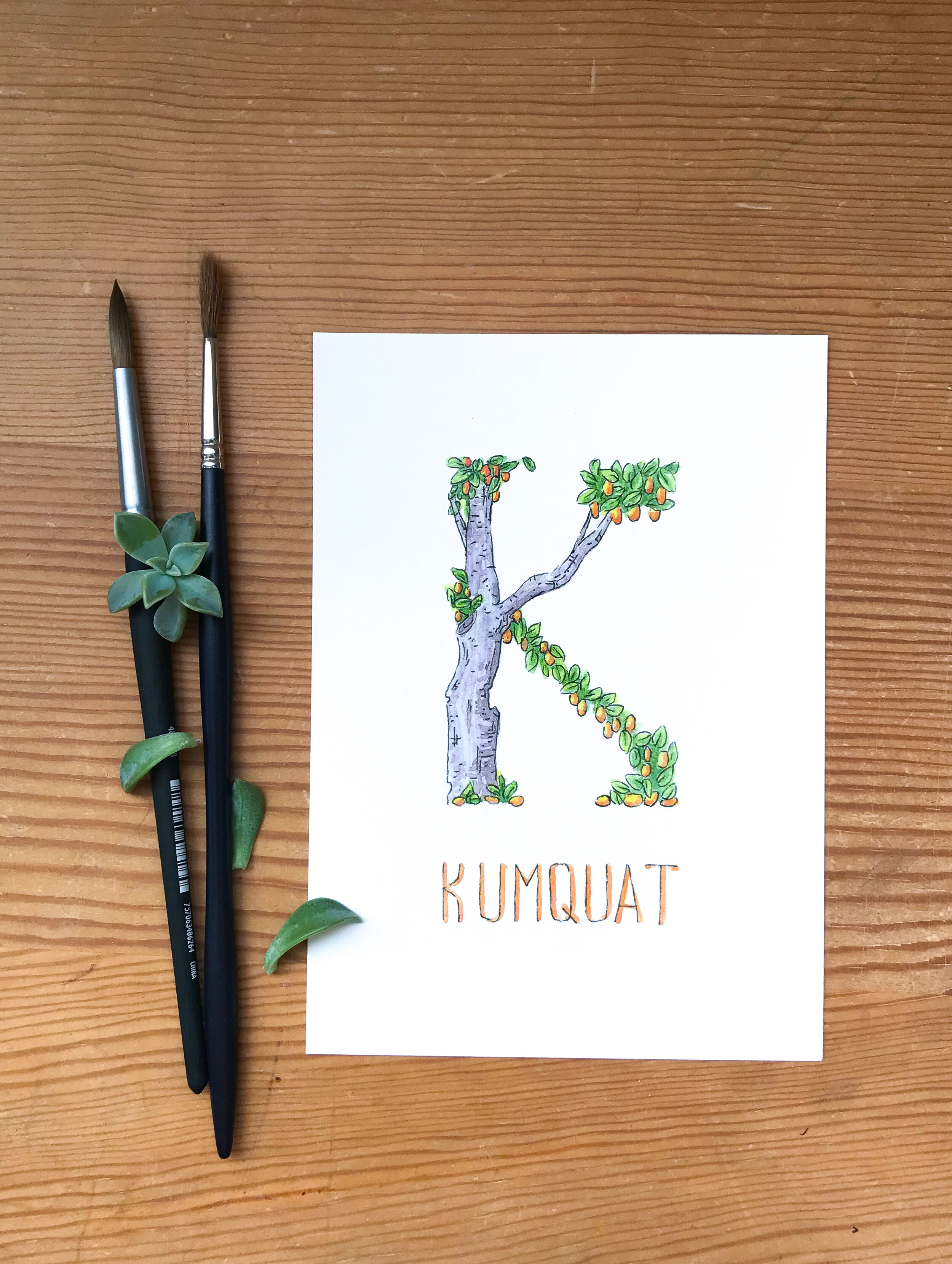 Art print of a kumquat fruit tree in the shape of a K. Original painting in watercolor.
