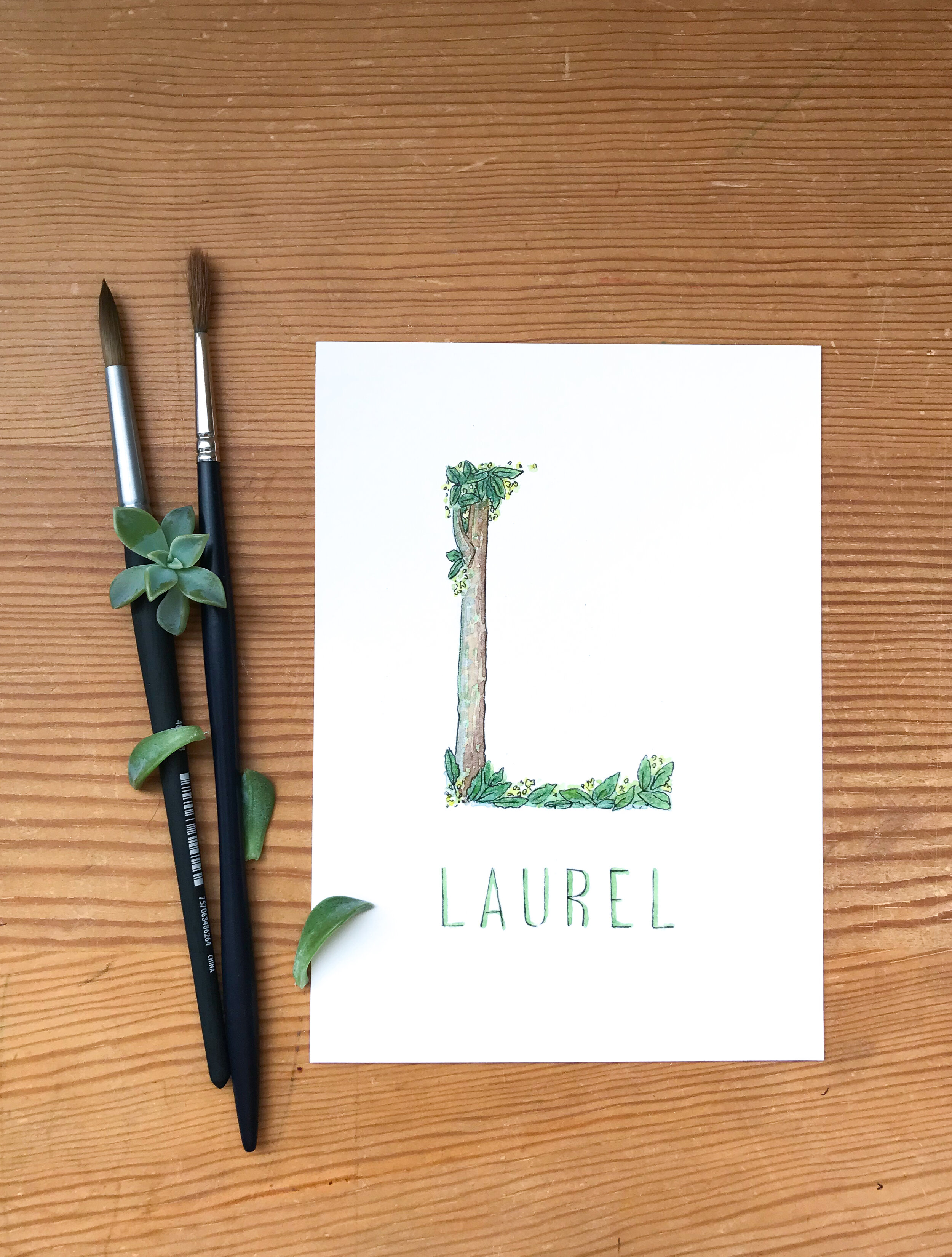 Art print of a leafy laurel tree in the shape of an L. Original painting in watercolor.