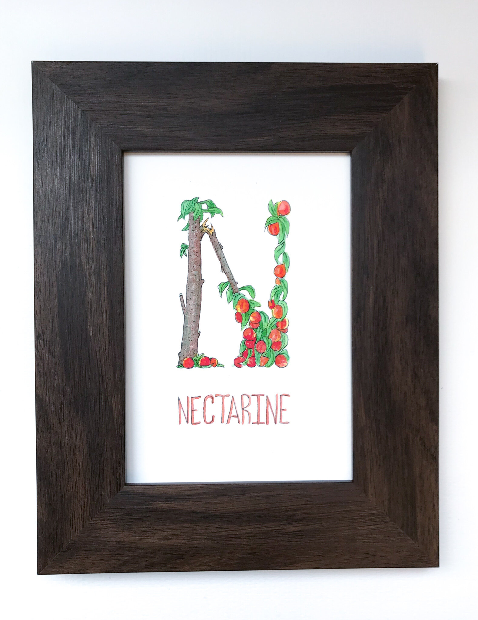 Art print of an over burdened nectarine fruit tree in the shape of an N. Original painting in watercolor.