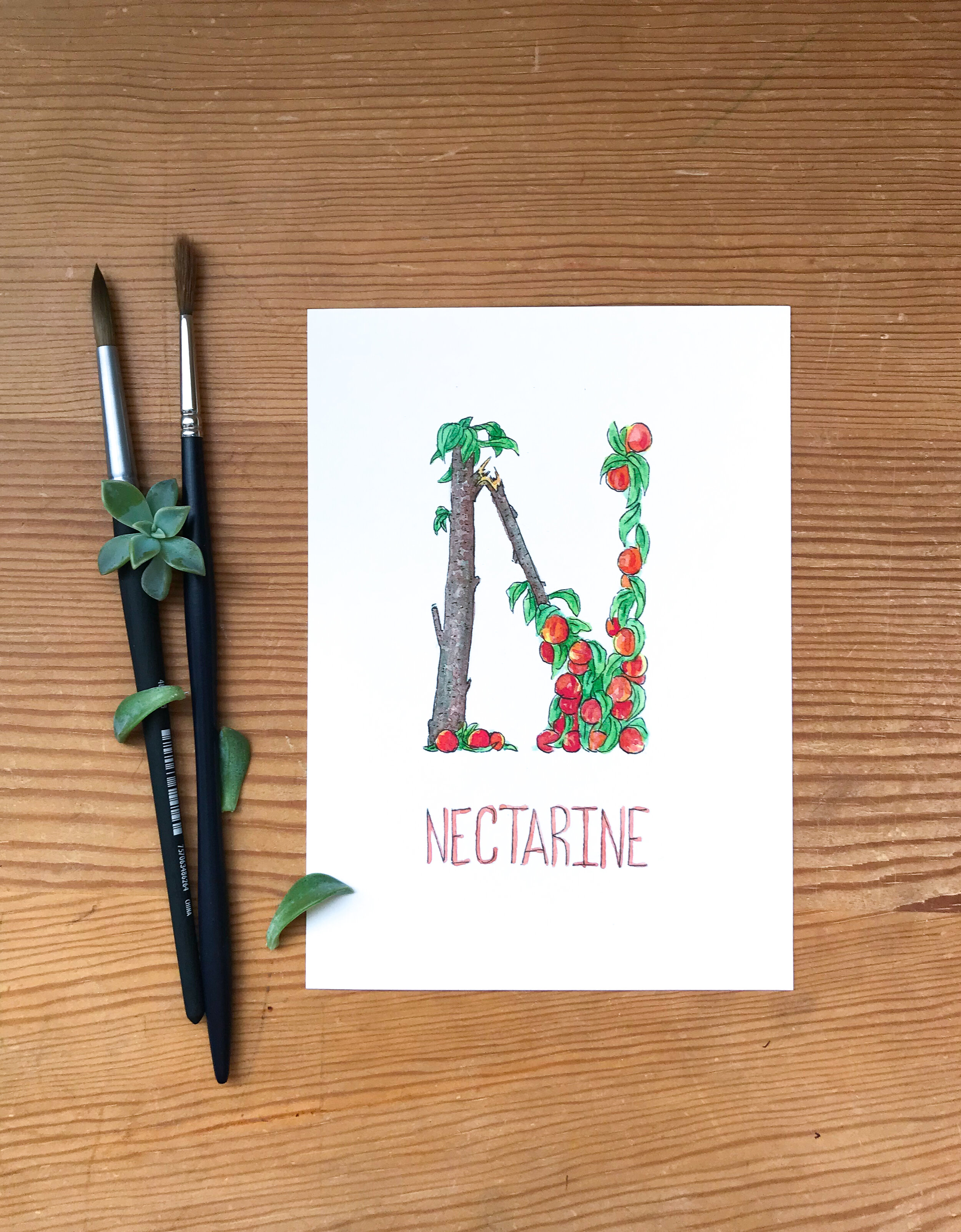 Art print of an over burdened nectarine fruit tree in the shape of an N. Original painting in watercolor.