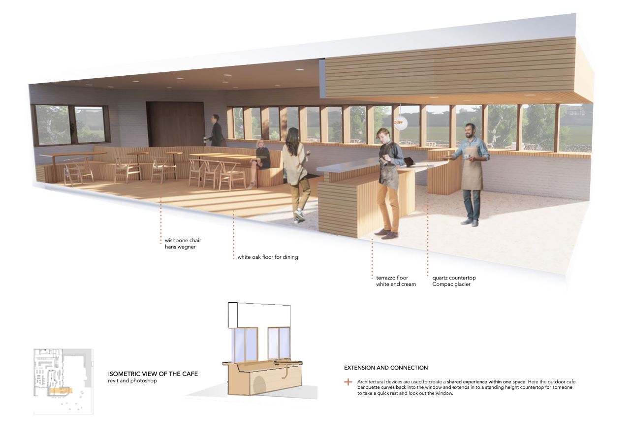 Architectural devices are used to create a shared experience within one space. Here the outdoor cafe banquette curves back into the window and extends in to a standing height countertop for someone to take a quick rest and look out the window.