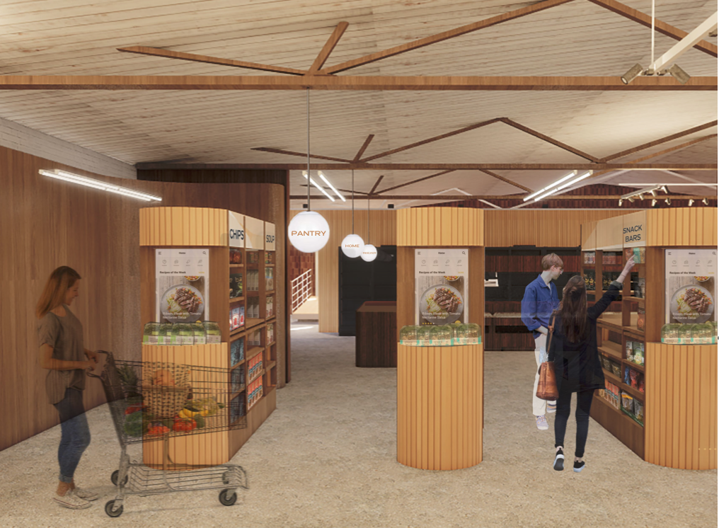 In the pantry section, the three aisles have open sightlines, provoking a warm "home" feel while on
a linear path through the aisles. The zone is meant to feel like the 'in between' space with contrasting wood material shelving. The larger globe pend