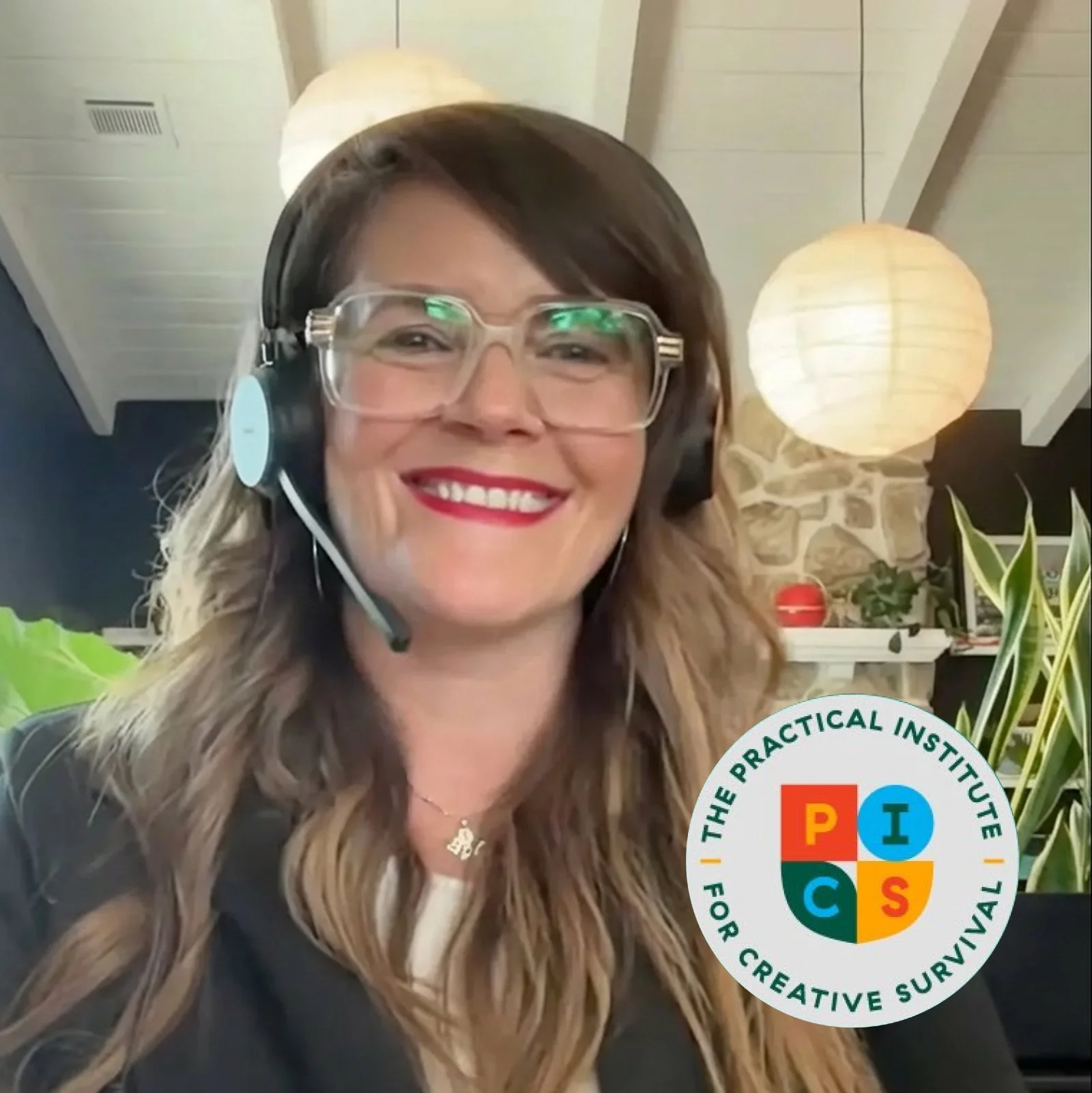 A promotional digital graphic for an AIGA event features a smiling woman with long brown hair, wearing glasses, a black blazer, and a smartwatch on her wrist. She is standing in front of a green patterned background with geometric shapes. The top left corner contains a logo with the text "The Practical Institute for Creative Survival" encircling colorful initials PICS. The text on the graphic announces a session titled "Fixing Friction, From AI Panic to Strategic Process," with the code DSGN 1225. It notes that this is a benefit for AIGA members.