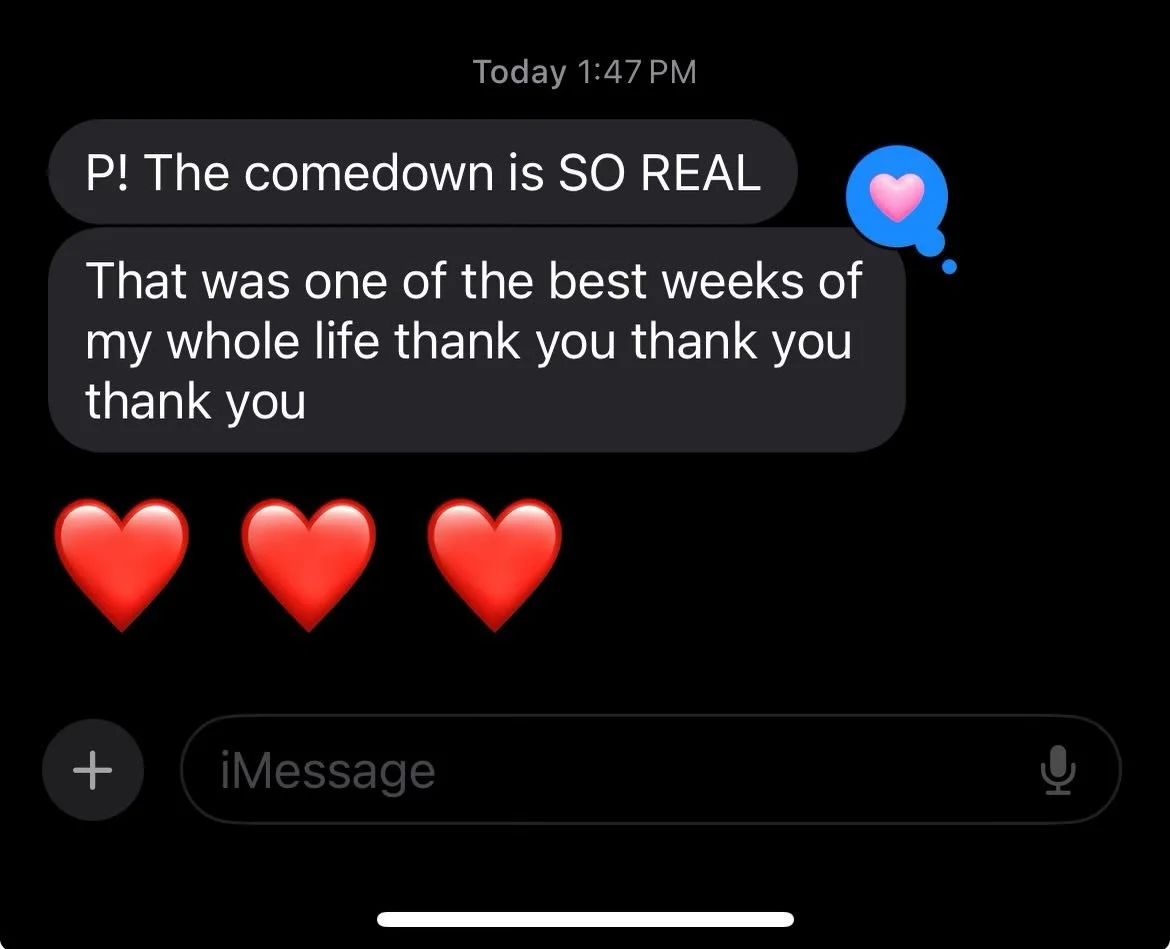 We received this text from a first time guest after our last retreat in Telluride 💛🥹

So we started pulling the numbers&hellip;
91 unique humans have joined us across 9 retreats (117 retreat attendees total) and nearly 30% chose to come back for an