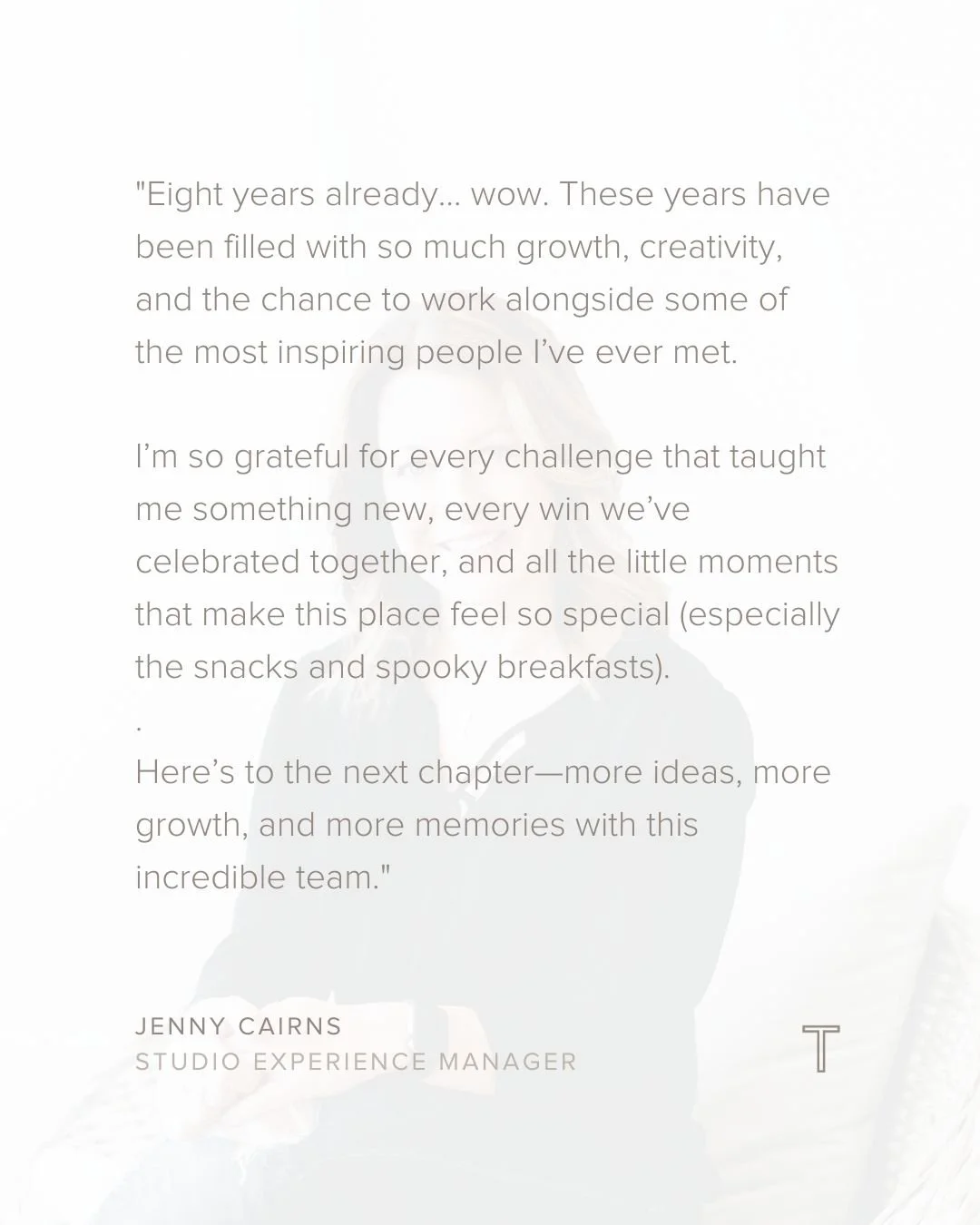 Eight years of creativity, dedication, and heart. 🌟

Today, we celebrate Jenny&mdash;our Studio Experience Manager&mdash;whose impact has been felt in every detail of our work and culture. From sparking big ideas to making every day brighter (and ye
