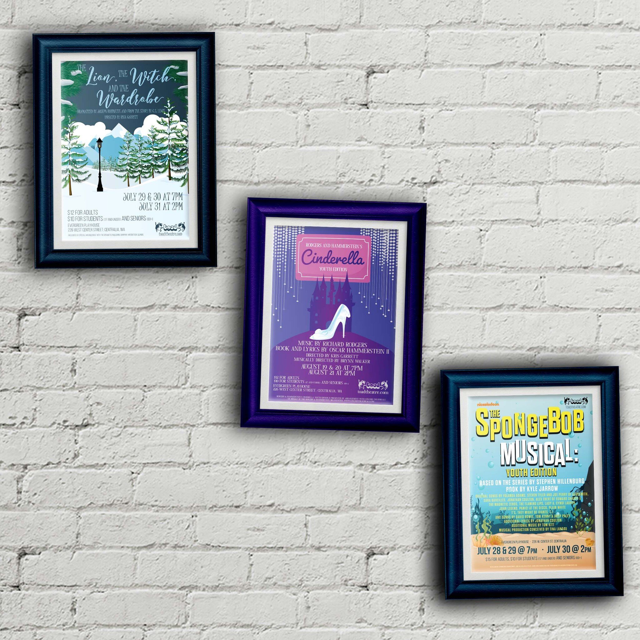 Event posters for TOAD's summer camp productions. The first two are from last summer (2022) and the bottom right one is for next summer (2023)! It's so fun to create these different looks! (And, the eagle-eyed viewer will find &quot;easter eggs&quot;