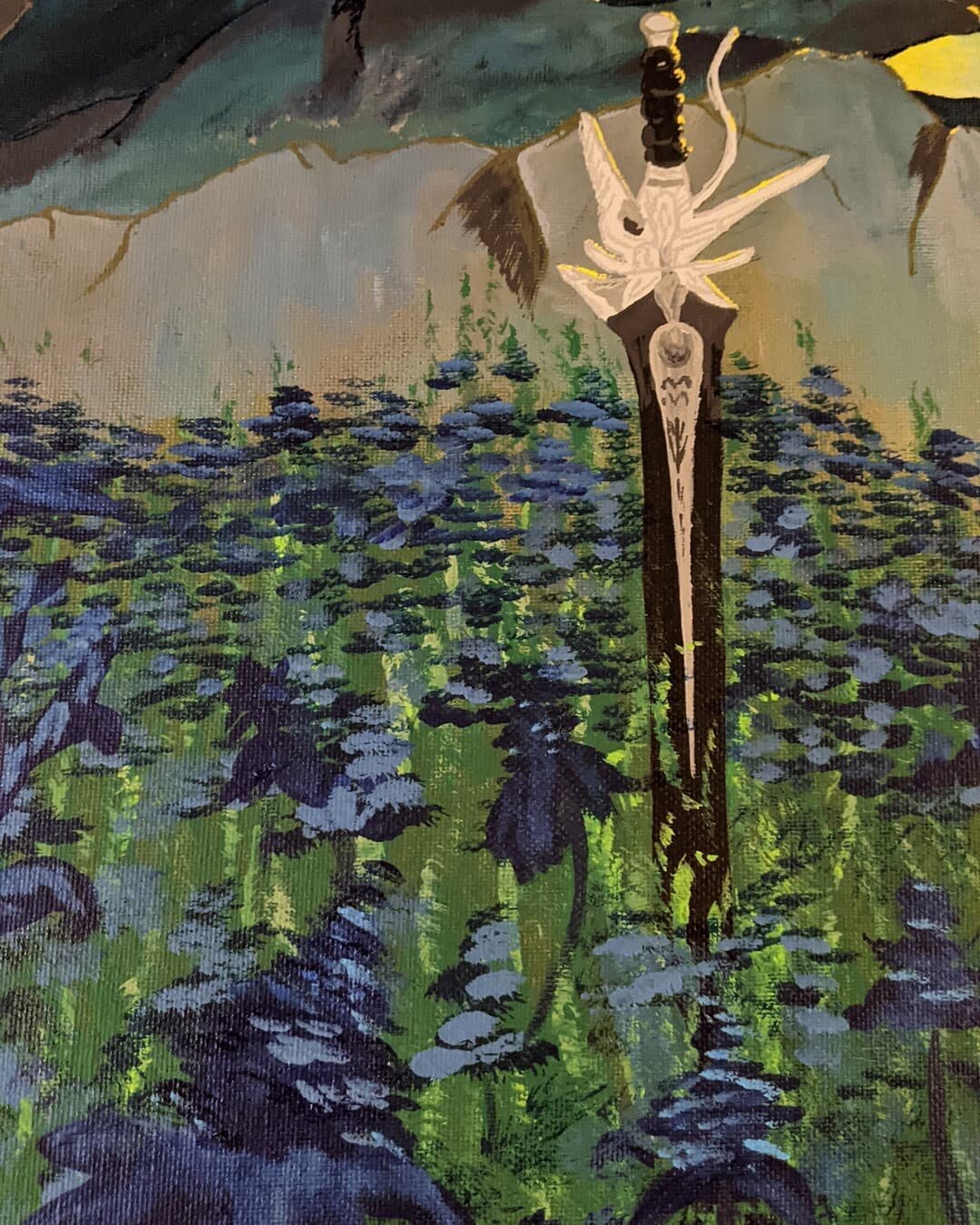I need to work on this some more, but I'm pleased with how the sword and sylleblossom turned out. The hills and arches still need work and I have text to add, but not bad for three hours of painting. #acrylicpaints #acrylics #acrylicpainting #ffxv #f
