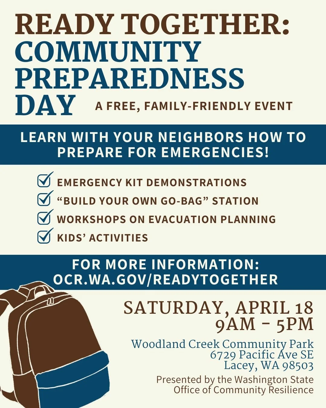 Flyer for fictional Community Preparedness Day, outlining details and a fictional website as a call to action to get more information.