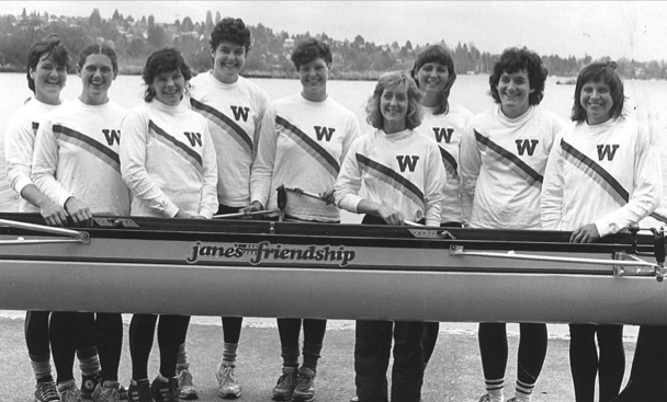  The 1985 University of Washington W8+. Nevin is second from left. 