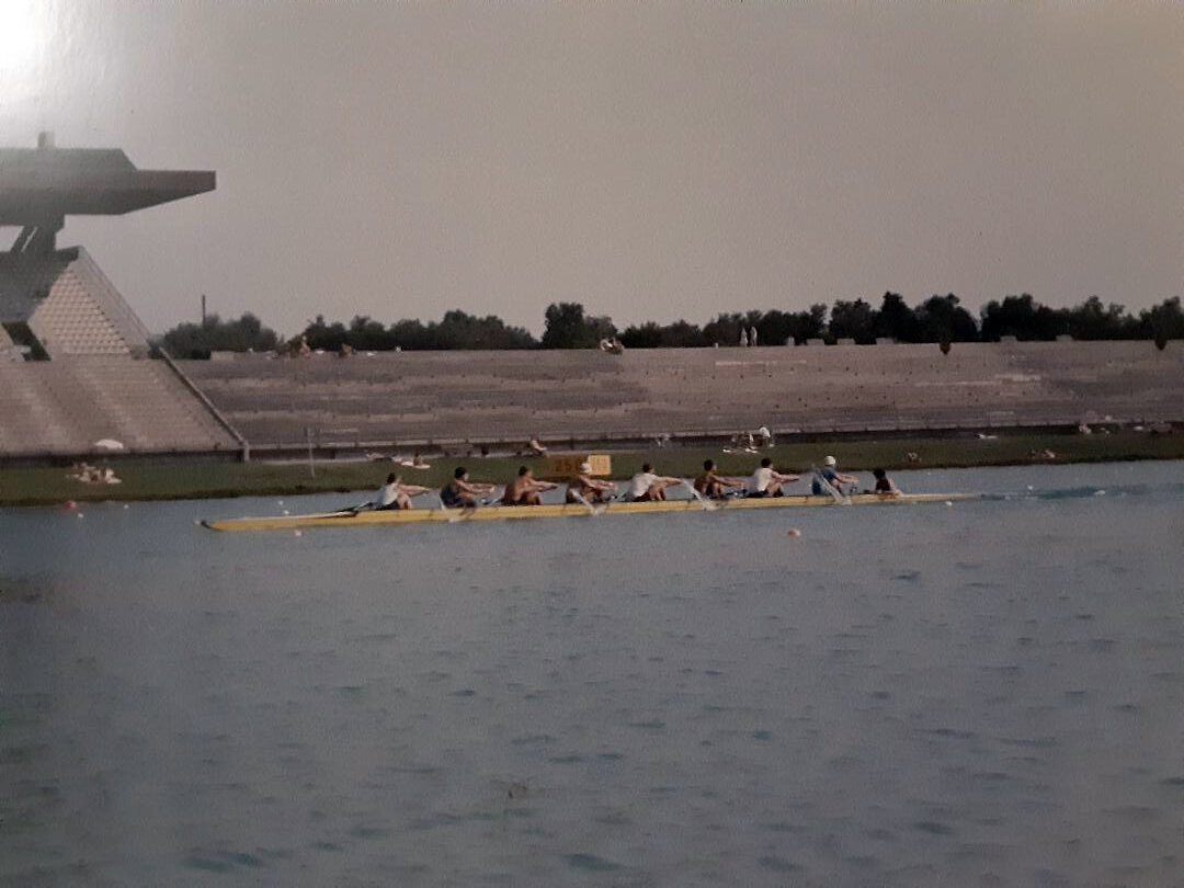  Nevin in bow seat of the Men's National Team 8+ during a practice in Munich, 1986. 
