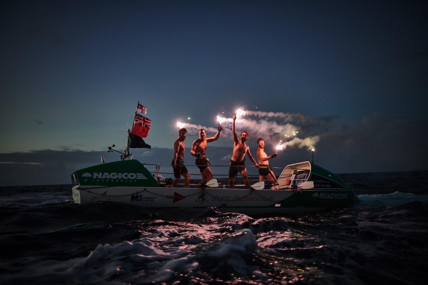  Isaac Kenyon (L), with his crew during the 2018 Talisker Whisky Atlantic Challenge. 