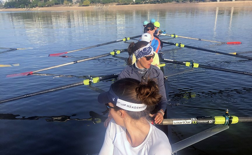  During a 2022 SteeringUWright / Endeavor Racing Alliance camp, Steady State Podcast co-host Rachel Freedman snapped this photo from the cox seat when Lindsay hopped in the boat to demonstrate how to make better use of your legs. 