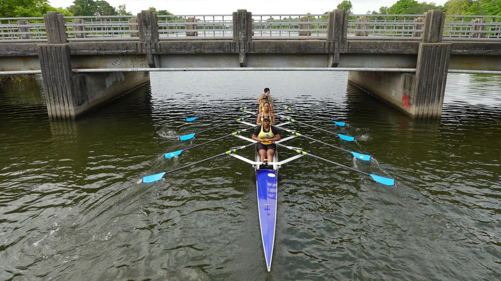  Margo Davis, Lashall Richards, Kamryn Days, and Chloé Jobin (from stern). Bayou St. John Regatta, Spring 2024 