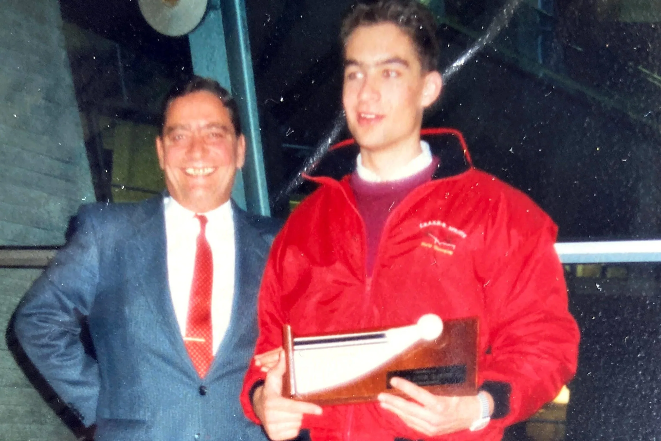  Xeno Müller with his dad in 1990, after winning at C.R.A.S.H.-B. Sprints. 