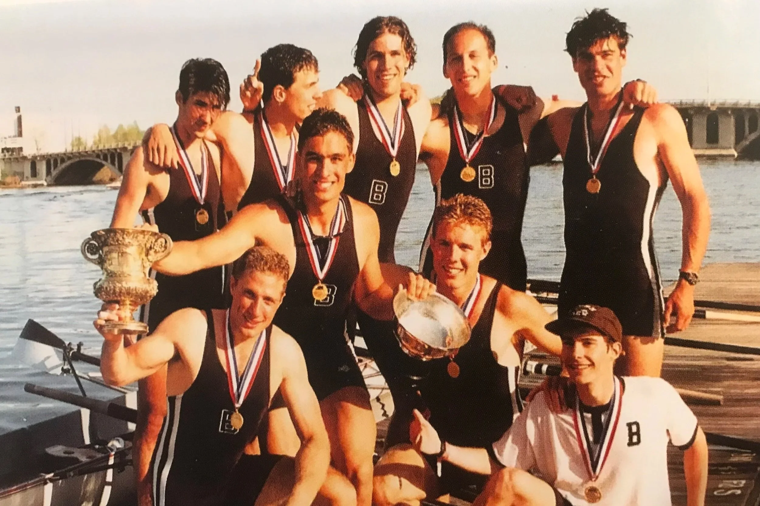  Xeno (middle row, standing holding cups) with his Brown varsity crew at Eastern Sprints. 