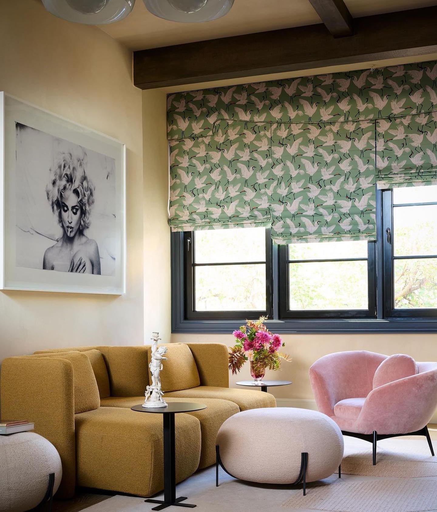 The Family of Cranes pattern, designed with @thenovogratz for their @theshadestore collaboration, featured in their beautiful Waverly House 🦢 Captured by @williamwaldronphoto | Art by Anne Collier | Walls by @kampstudios | Furniture by @sabaitalia