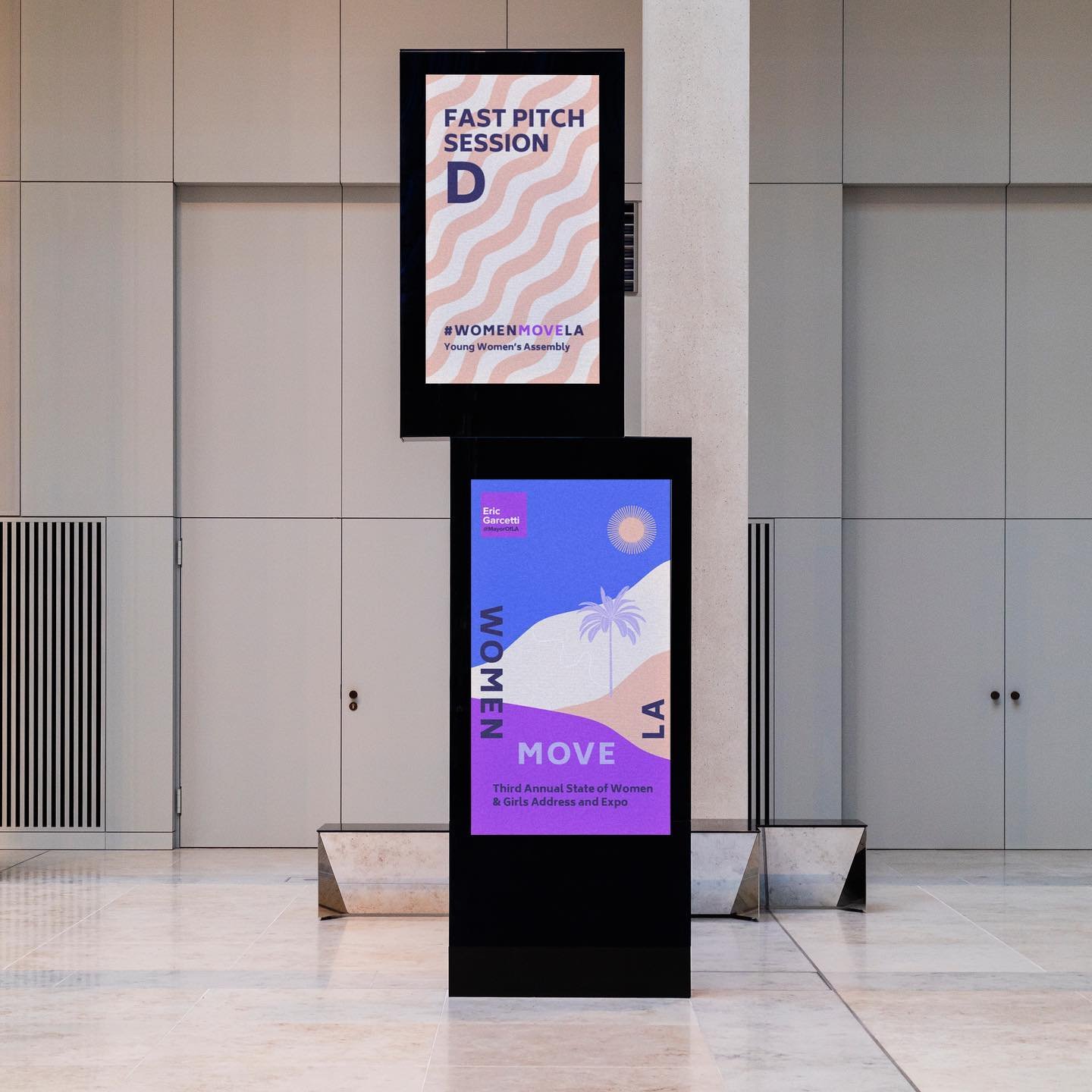 Signage and collateral for the #WomenMoveLA conference hosted by the previous @mayorofla . Looking forward to working on more event branding in 2023! #branding #branddesign #mayorofla