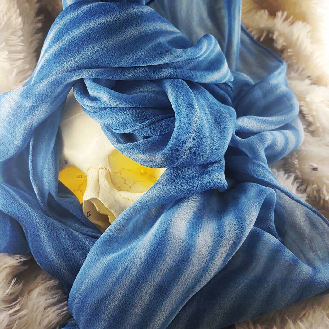 As promised, the first of the &quot;coming soon&quot; silks. Shibori dyed hand finished scarves, all 100% silk. This is Upriver, a chiffon weave single color piece. All dyed products are one of a kind and will have multitudes of unique character. #si