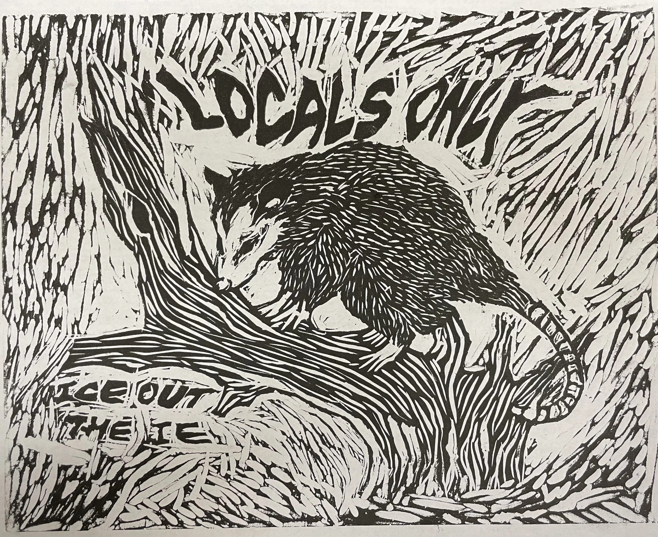 LOCALS ONLY, Linocut on paper, 2026
