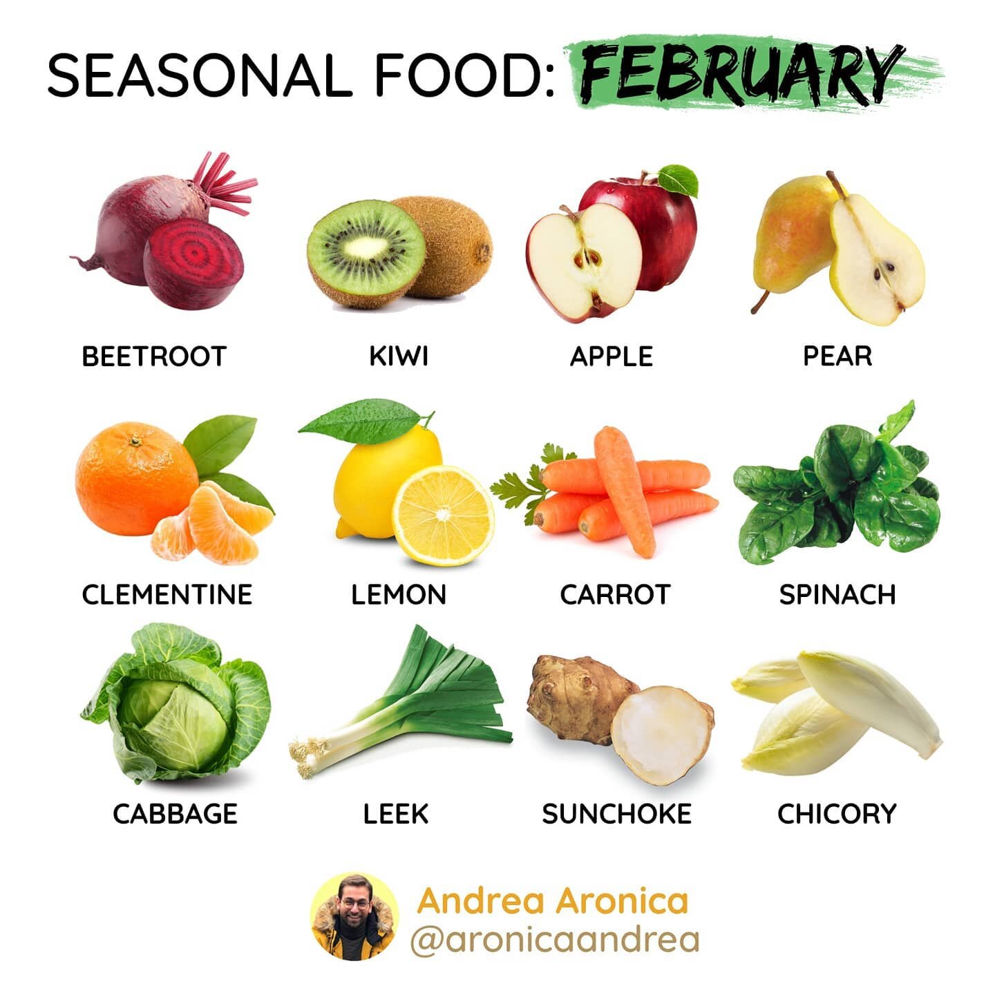 🌿🎉 What was the last fruit/vegetable you got from this list? 🔍 It's finally February, time for another infographic about seasonal food.
.
Eating seasonally expands variety🥝🍐🍏 More variety = more nutrients. Simple as that 👌🏻 Every vegetable is