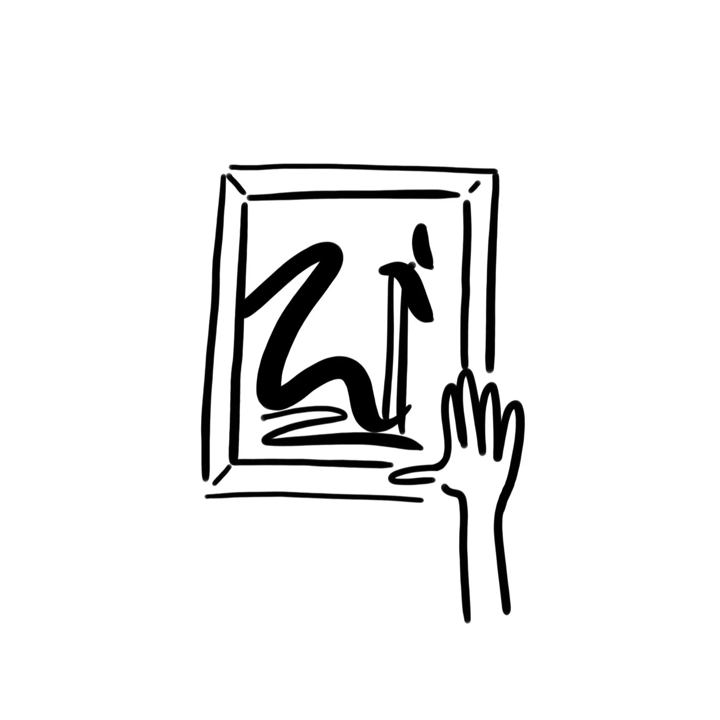 A hand reaching out to a framed abstract black and white artwork or painting.
