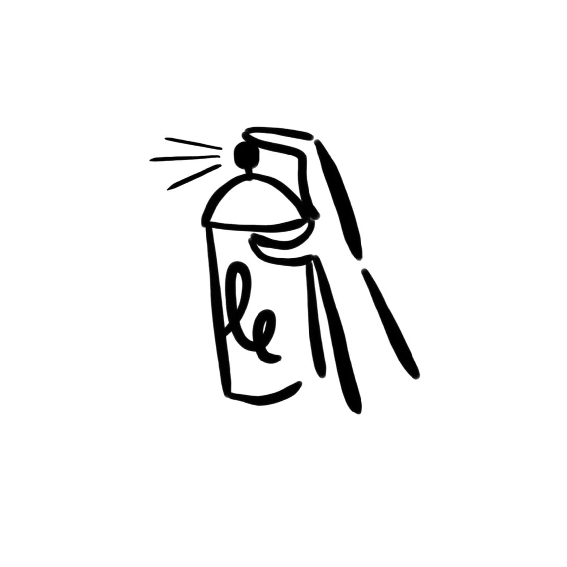 A simple black line drawing of a hand pressing the button on a spray can.