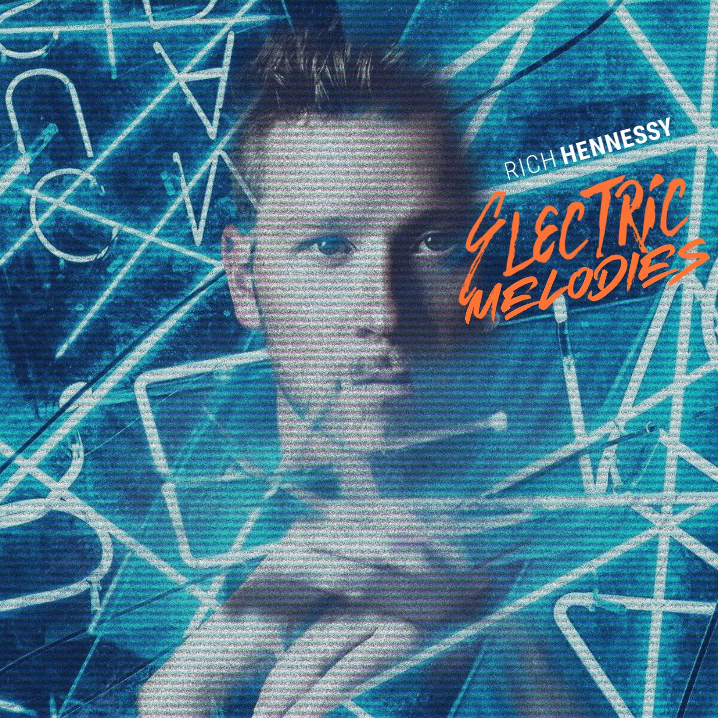 Album cover featuring a man's face with short hair, neon blue grid background, and orange handwritten text reading 'Electric Melodies' and white text 'Rich Hennessy'.
