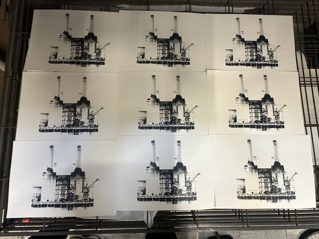 Drying between layers at Thames Side Print Studio. Small batch means more care, less waste.