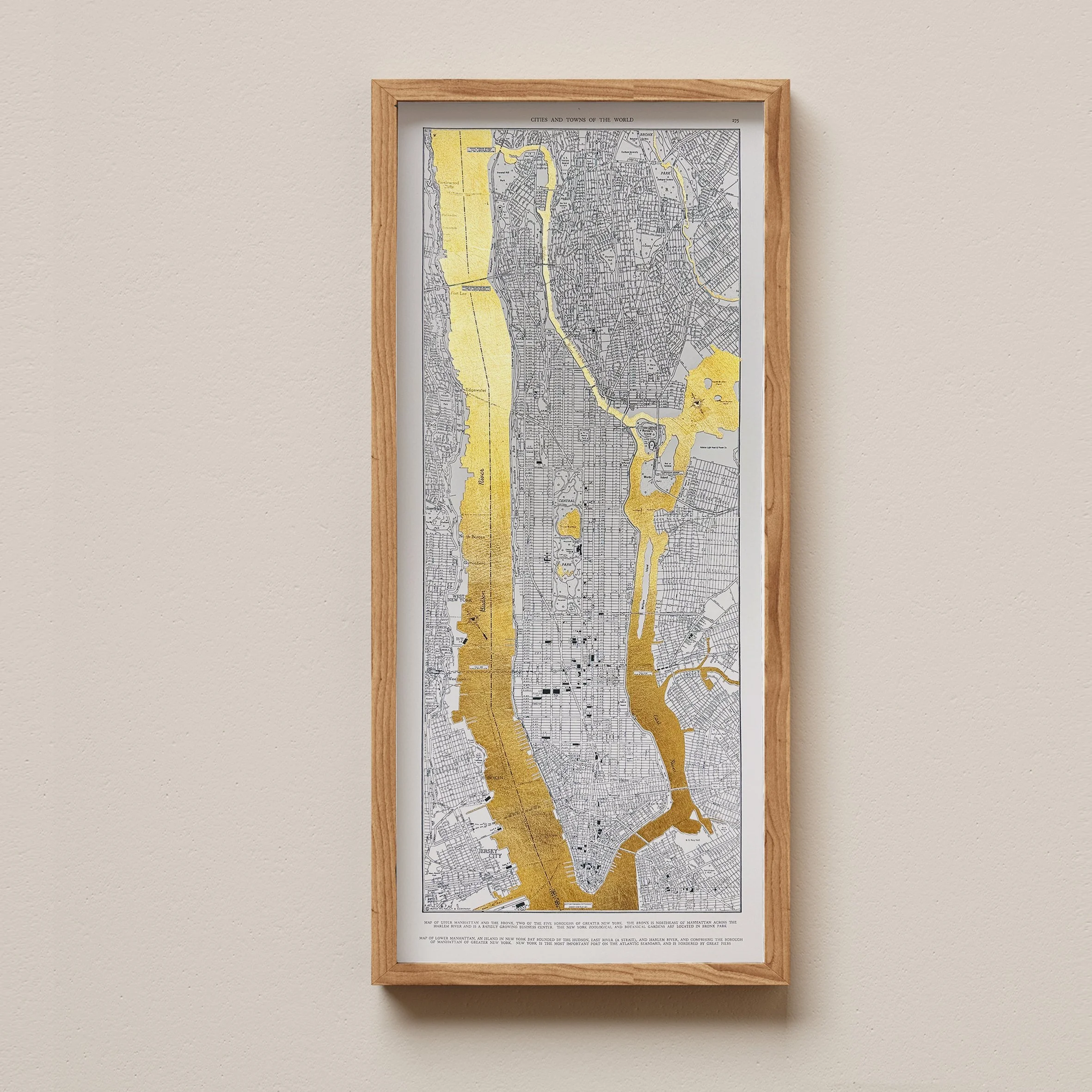 Vintage New York Map Screen Print with Gold Leaf
