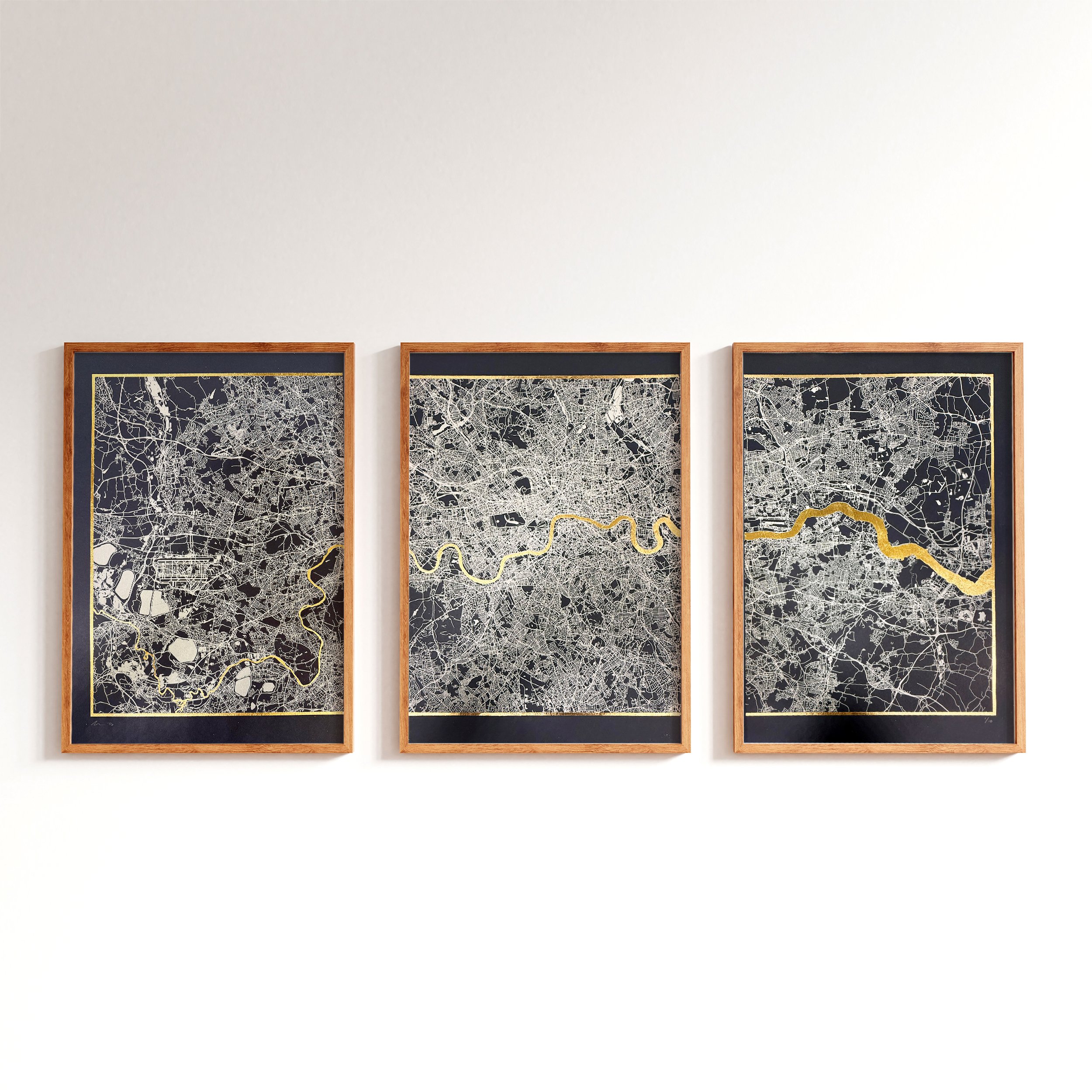London Triptych Map Screen Prints | Navy & Gold