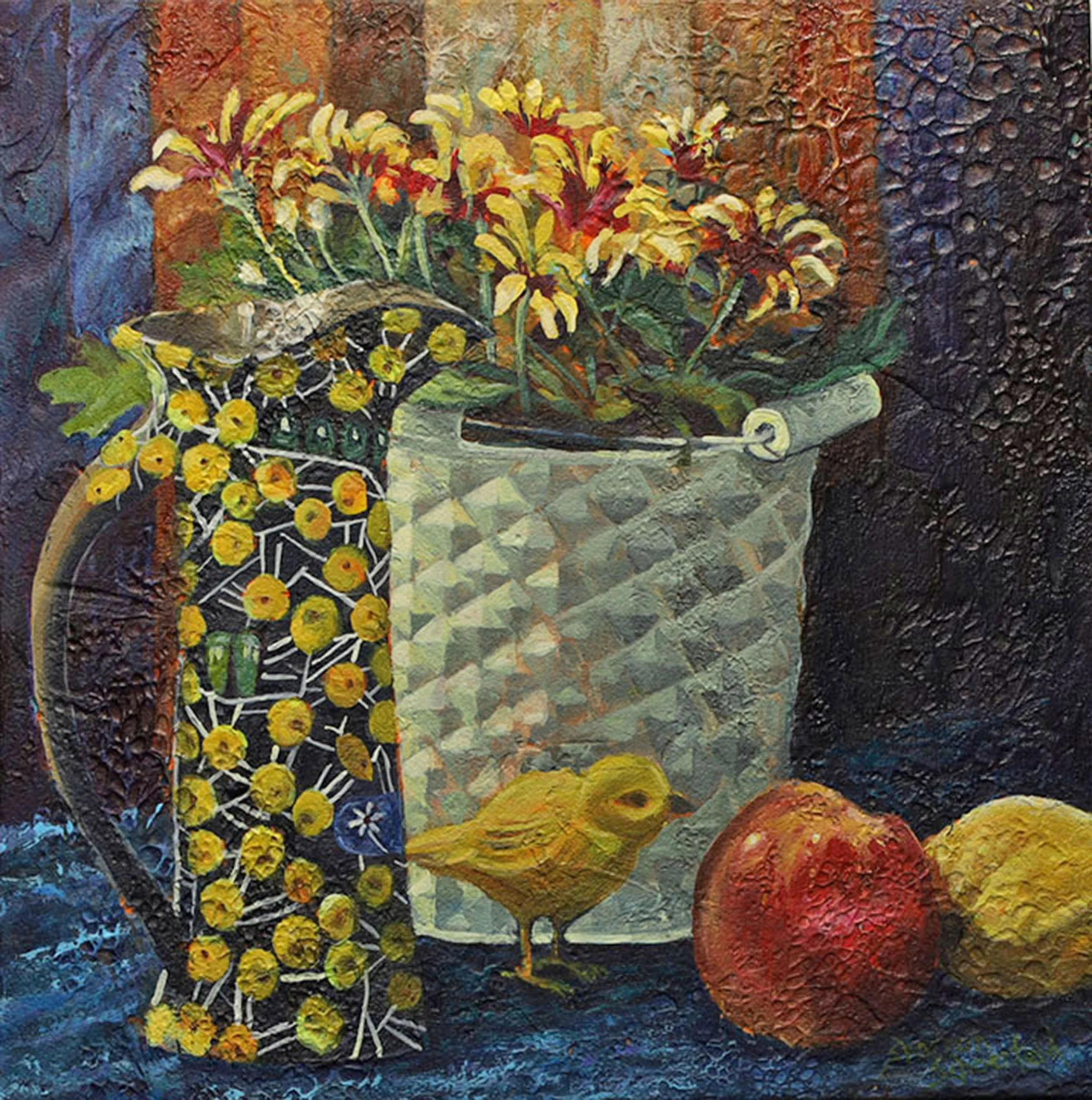 Flowers and Feathered Friend by Sharron Schoenfeld