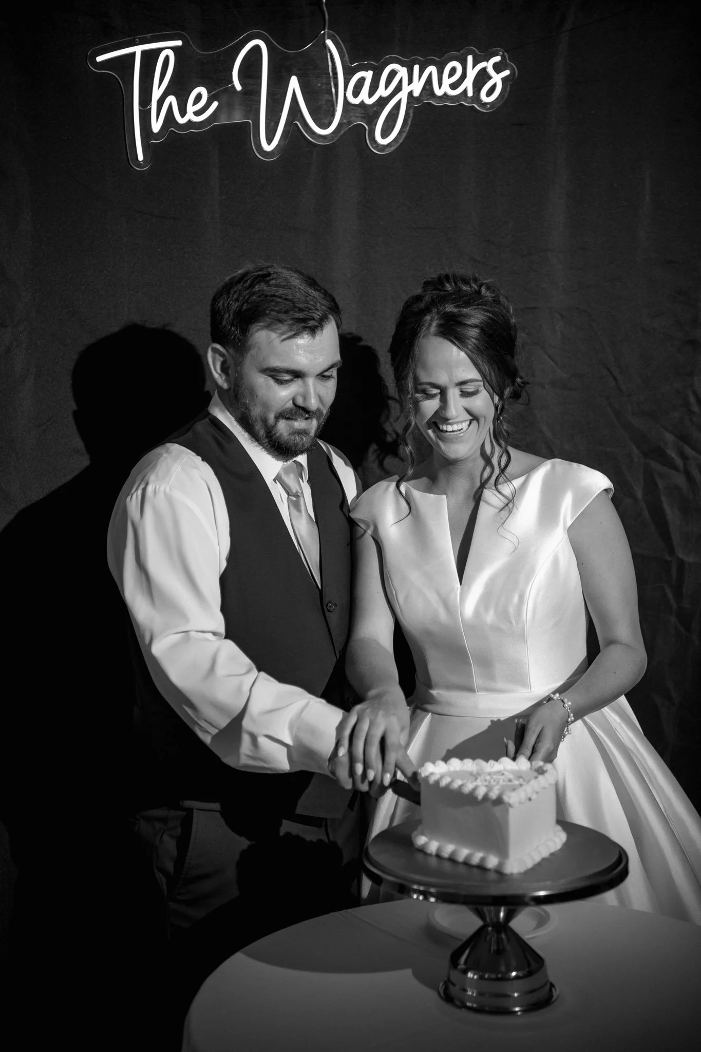 Bride and Groom cut their cake at their wedding reception at Main Street Abbey in Columbia, Illinois Photographed by Julia Spencer of Jewels Photo Co.