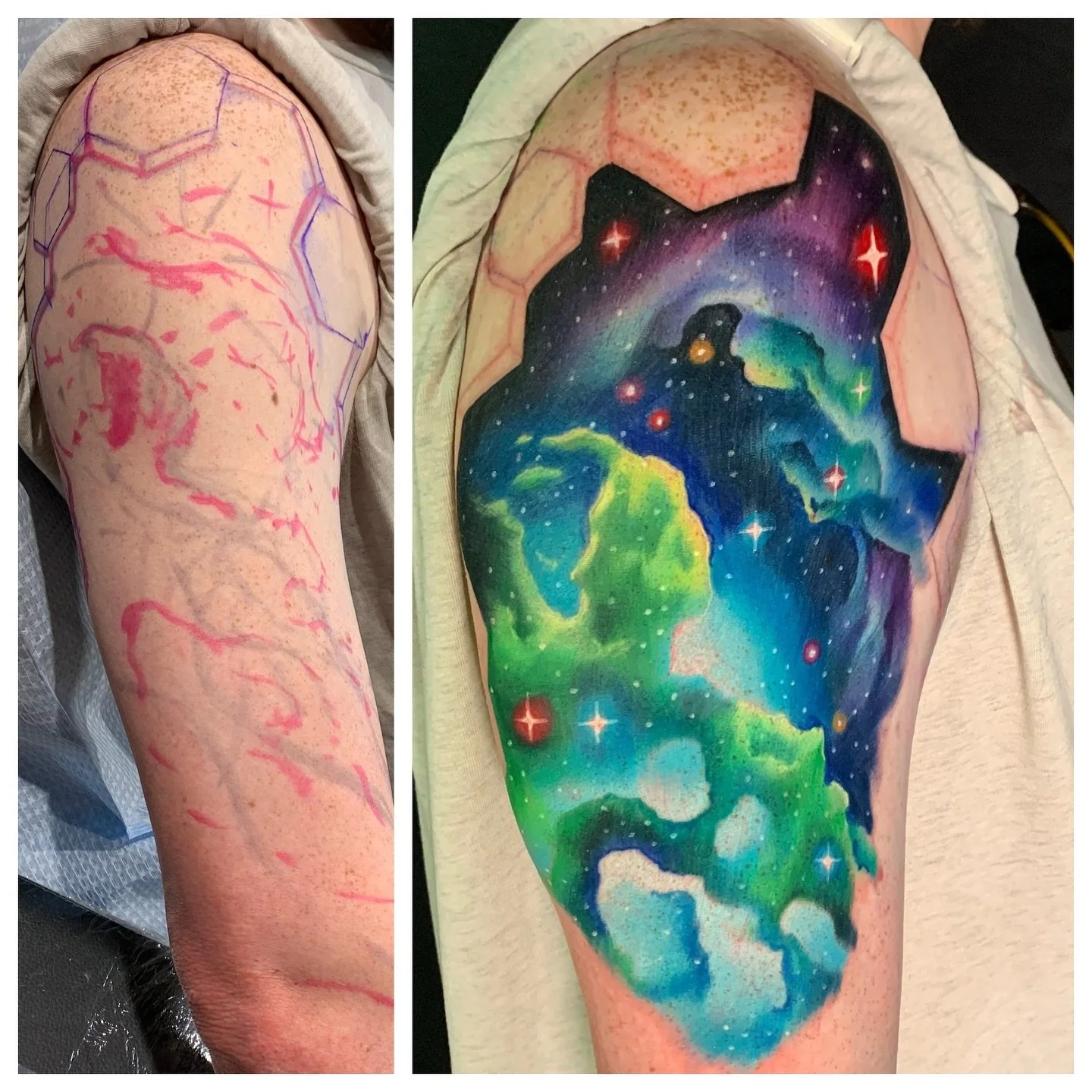 Sketch vs. Tattoo (First session, CPL filter)
Also included a photo in natural lighting and no filters.

#tattoo #color #art #artwork #tattooart #artist #tattooartist #georgia #atlanta #atl #bestofatlanta #charleyfountains #space #nasa #nebula #galax