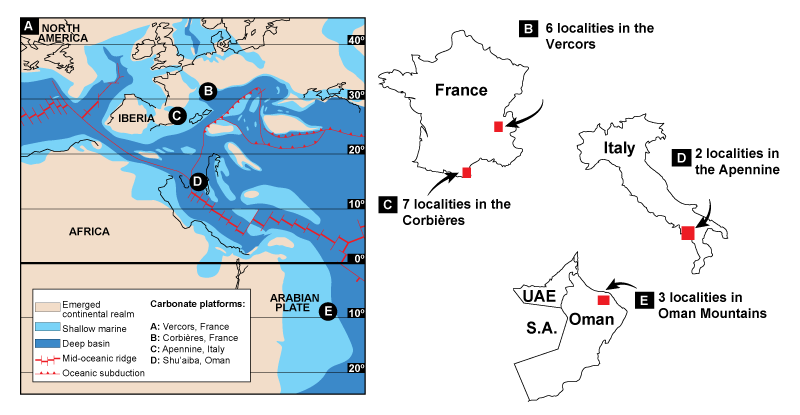 Location of the study regions considered during the Aptian Stage (A, modified from Skelton and Gili, 2012, ​Sedimentology) and on modern geography where selected areas are located with red boxes (B, C, D, E).&nbsp;