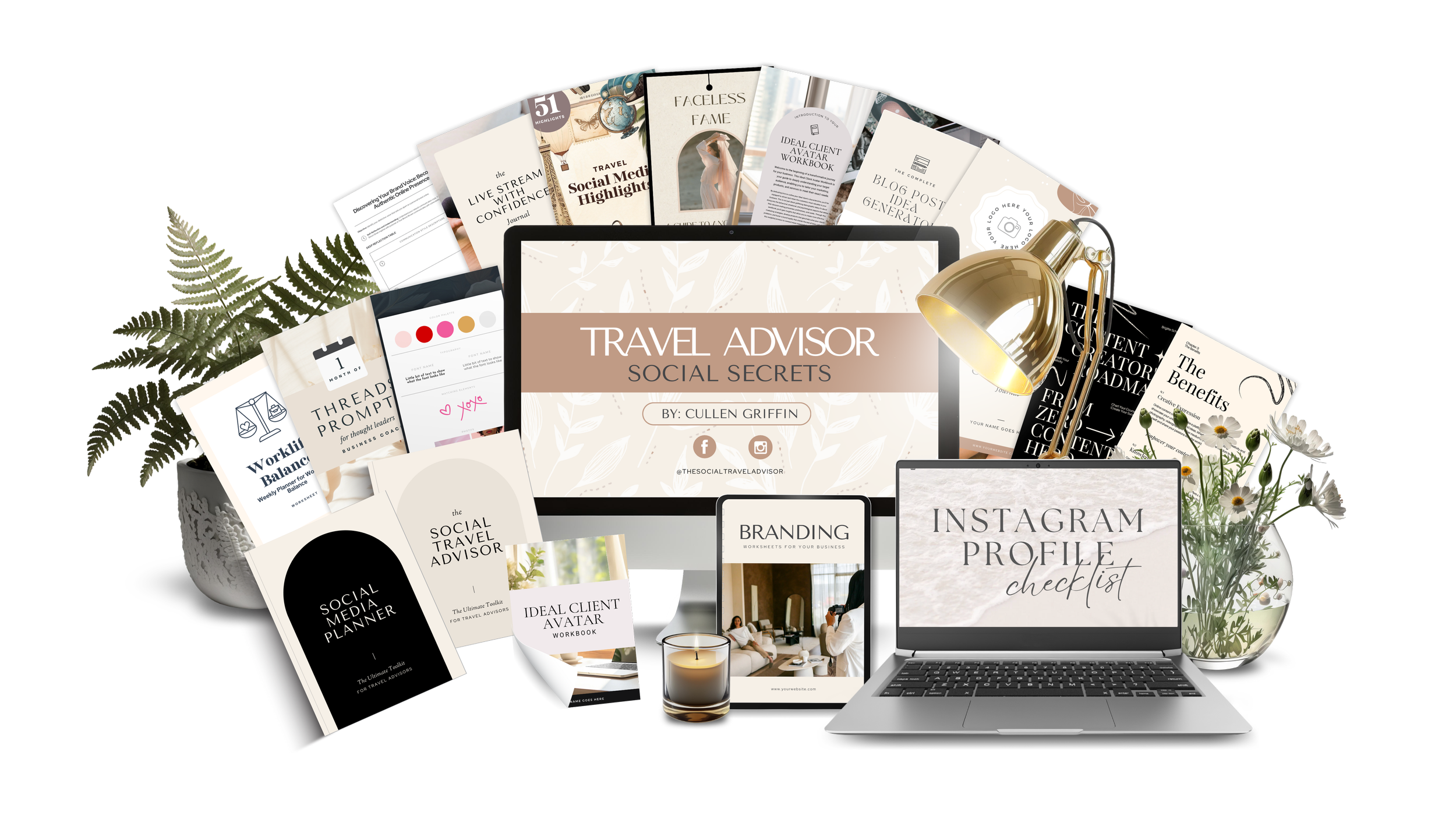 A digital collage of travel advisor and social media planning materials, including a monitor displaying "Travel Advisor Social Secrets," a laptop with "Instagram Profile Checklist," a tablet with images, a small candle, a gold desk lamp, and a white flower vase with daisies, all arranged on a black background with fern leaves.